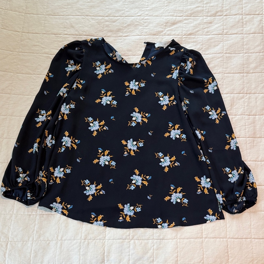 LOFT Blue Floral Blouse with light Blue and Yellow Accents